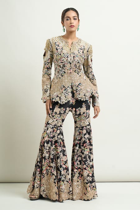 Anamika Khanna_Black Embroidery Collared Peplum Jacket And Gharara Set _Online_at_Aza_Fashions