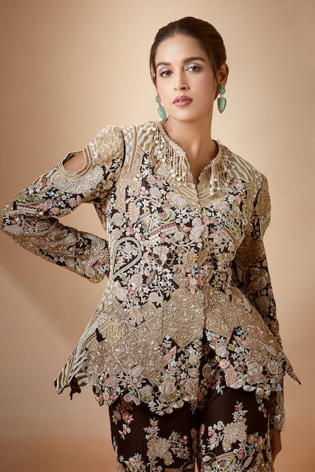 Buy_Anamika Khanna_Black Embroidery Collared Peplum Jacket And Gharara Set _Online_at_Aza_Fashions