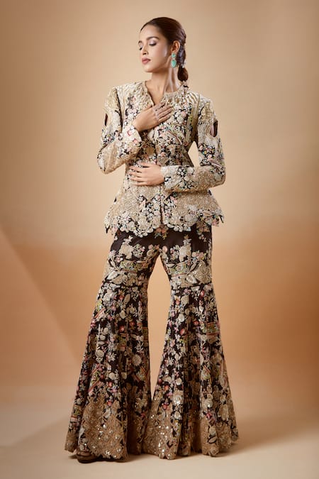 Anamika Khanna_Black Embroidery Collared Peplum Jacket And Gharara Set _at_Aza_Fashions