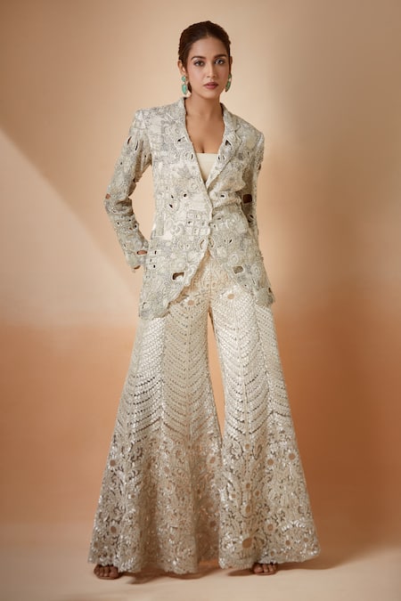 Anamika Khanna Embroidered Blazer & Bell Bottom Pant Set 