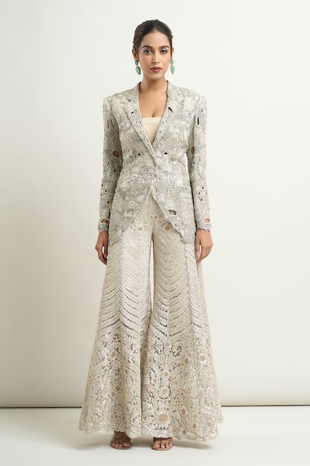 Anamika Khanna Silver Polyester Embroidery Blazer And Bell Bottom Pant Set Online at Aza Fashions Anamika Khanna_Silver Polyester Embroidery Blazer And Bell Bottom Pant Set_Online_at_Aza_Fashions