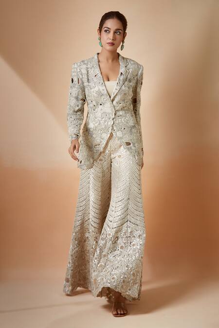 Shop Anamika Khanna Silver Polyester Embroidery Blazer And Bell Bottom Pant Set Online at Aza Fashions Shop_Anamika Khanna_Silver Polyester Embroidery Blazer And Bell Bottom Pant Set_Online_at_Aza_Fashions