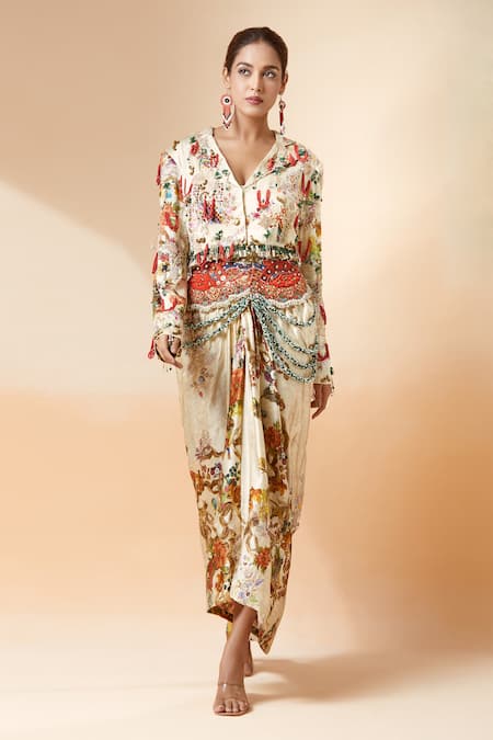 Anamika Khanna Printed Short Jacket & Draped Skirt Set 