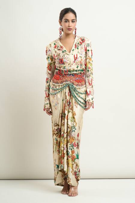 Anamika Khanna_Beige Silk Embroidery, Beads Printed Short Jacket And Draped Skirt Set_Online_at_Aza_Fashions