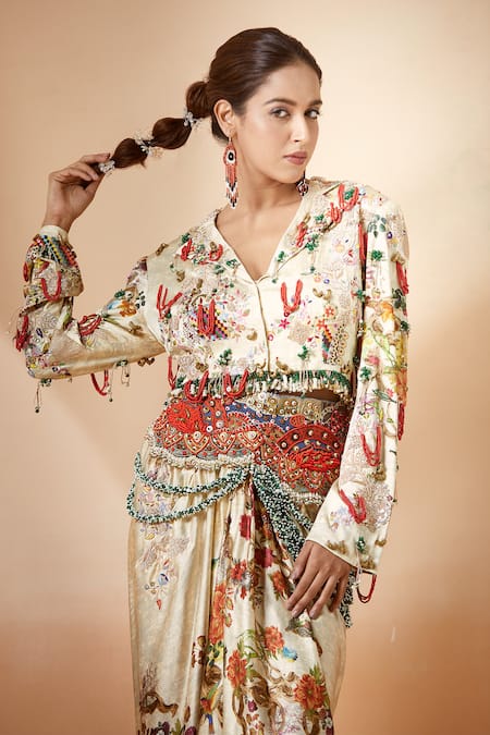 Shop_Anamika Khanna_Beige Silk Embroidery, Beads Printed Short Jacket And Draped Skirt Set_Online_at_Aza_Fashions
