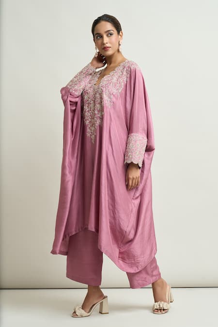 Buy_Mrunalini Rao_Pink Embroidery Scoop Neck Floral Kurta And Pant Set _Online_at_Aza_Fashions