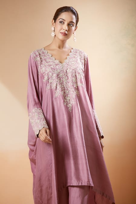 Shop_Mrunalini Rao_Pink Embroidery Scoop Neck Floral Kurta And Pant Set _Online_at_Aza_Fashions