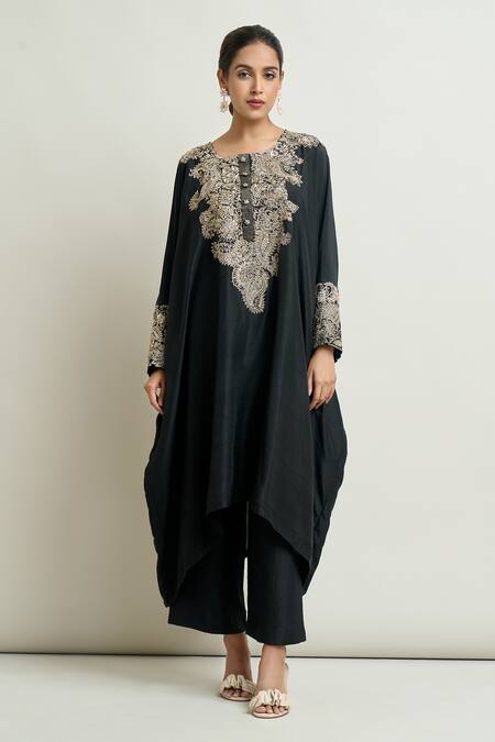 Mrunalini Rao Black Embroidery Round Neck Paisley Kaftan And Pant Set Online at Aza Fashions Mrunalini Rao_Black Embroidery Round Neck Paisley Kaftan And Pant Set_Online_at_Aza_Fashions