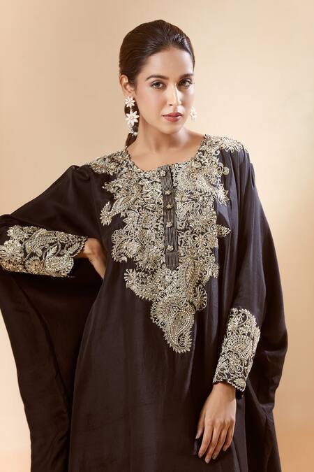 Shop Mrunalini Rao Black Embroidery Round Neck Paisley Kaftan And Pant Set Online at Aza Fashions Shop_Mrunalini Rao_Black Embroidery Round Neck Paisley Kaftan And Pant Set_Online_at_Aza_Fashions