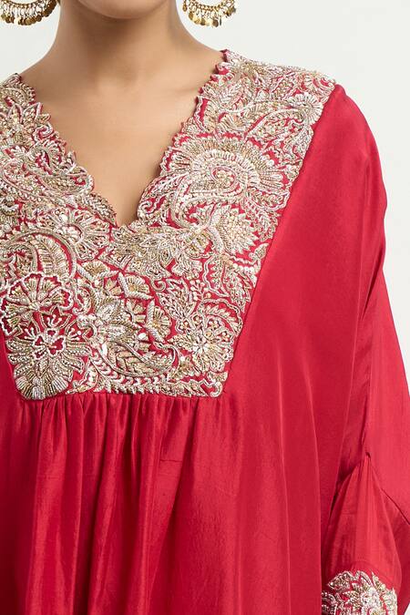 Buy_Mrunalini Rao_Red Zari Scoop Neck Zardozi Embroidered Kaftan And Pant Set _Online_at_Aza_Fashions
