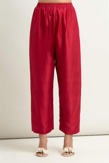 Shop_Mrunalini Rao_Red Zari Scoop Neck Zardozi Embroidered Kaftan And Pant Set _Online_at_Aza_Fashions