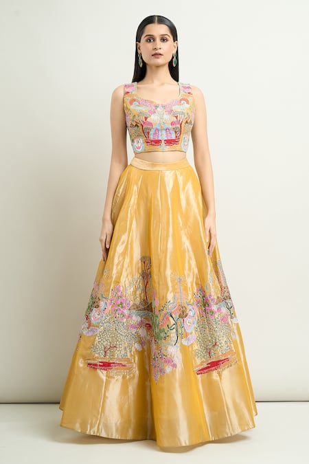 Aisha Rao Yellow Tissue Applique, Embroidery Sweetheart Neck Lehenga Set Online at Aza Fashions Aisha Rao_Yellow Tissue Applique, Embroidery Sweetheart Neck Lehenga Set _Online_at_Aza_Fashions