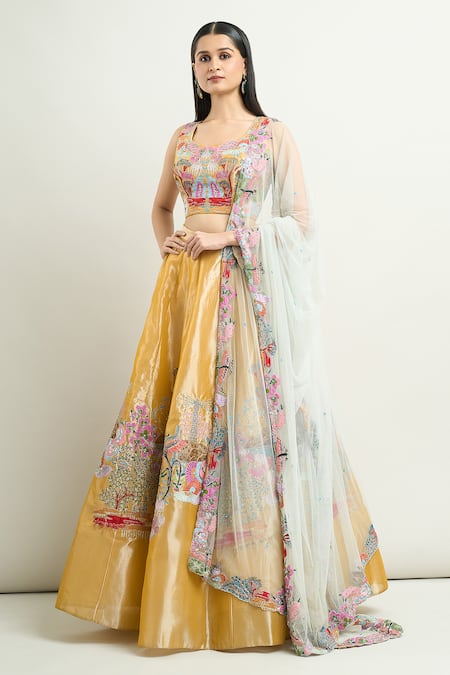 Buy Aisha Rao Yellow Tissue Applique, Embroidery Sweetheart Neck Lehenga Set Online at Aza Fashions Buy_Aisha Rao_Yellow Tissue Applique, Embroidery Sweetheart Neck Lehenga Set _Online_at_Aza_Fashions