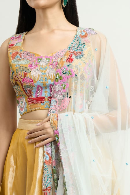 Shop Aisha Rao Yellow Tissue Applique, Embroidery Sweetheart Neck Lehenga Set Online at Aza Fashions Shop_Aisha Rao_Yellow Tissue Applique, Embroidery Sweetheart Neck Lehenga Set _Online_at_Aza_Fashions