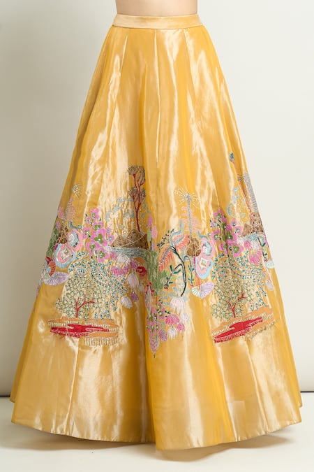 Aisha Rao Yellow Tissue Applique, Embroidery Sweetheart Neck Lehenga Set at Aza Fashions Aisha Rao_Yellow Tissue Applique, Embroidery Sweetheart Neck Lehenga Set _at_Aza_Fashions