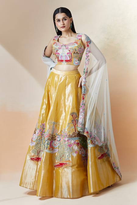 Buy Aisha Rao Yellow Tissue Applique, Embroidery Sweetheart Neck Lehenga Set Buy_Aisha Rao_Yellow Tissue Applique, Embroidery Sweetheart Neck Lehenga Set