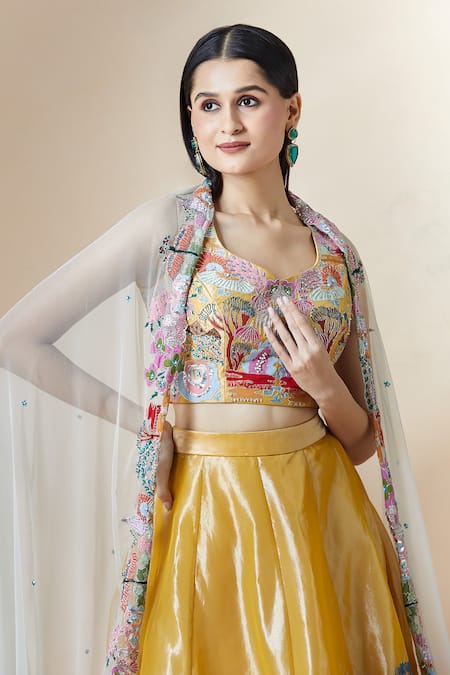 Shop Aisha Rao Yellow Tissue Applique, Embroidery Sweetheart Neck Lehenga Set Shop_Aisha Rao_Yellow Tissue Applique, Embroidery Sweetheart Neck Lehenga Set