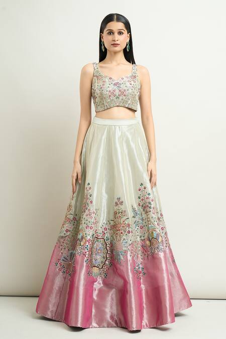 Aisha Rao_Ivory Tissue Embroidery Asymmetric Trencadis Applique Lehenga Set _Online_at_Aza_Fashions