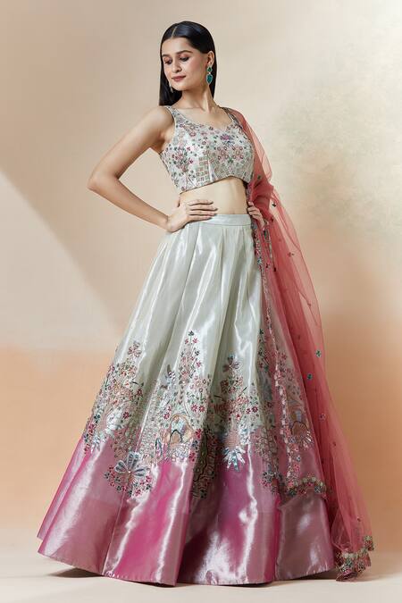 Aisha Rao_Ivory Tissue Embroidery Asymmetric Trencadis Applique Lehenga Set _at_Aza_Fashions