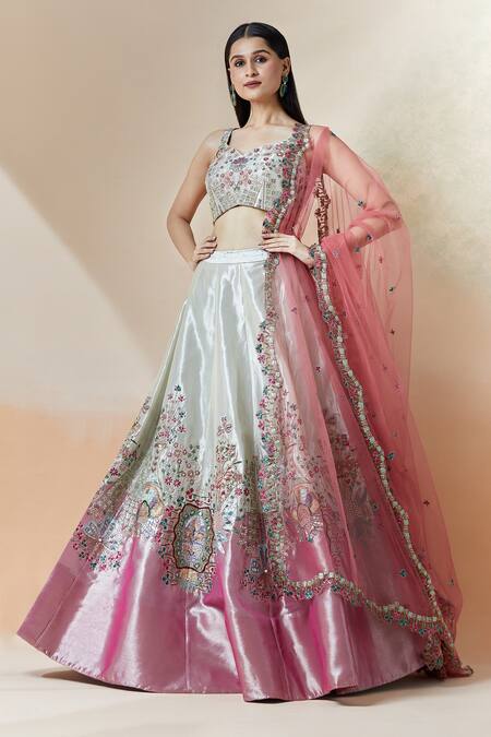 Buy_Aisha Rao_Ivory Tissue Embroidery Asymmetric Trencadis Applique Lehenga Set 