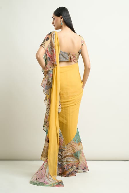 Aisha Rao Printed Ruffle Pre-Draped Saree With Blouse 