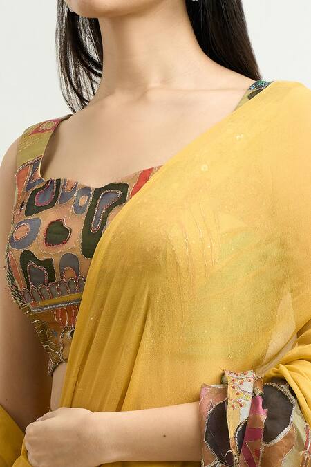 Buy_Aisha Rao_Yellow Georgette Embroidery Printed Ruffle Pre-draped Saree With Blouse _Online_at_Aza_Fashions