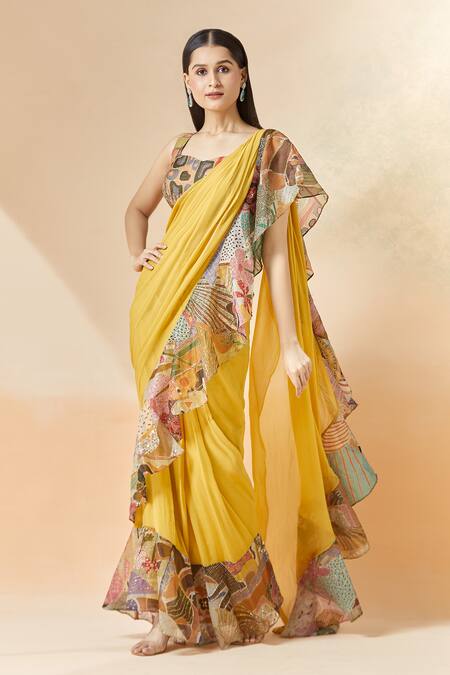 Shop_Aisha Rao_Yellow Georgette Embroidery Printed Ruffle Pre-draped Saree With Blouse _Online_at_Aza_Fashions