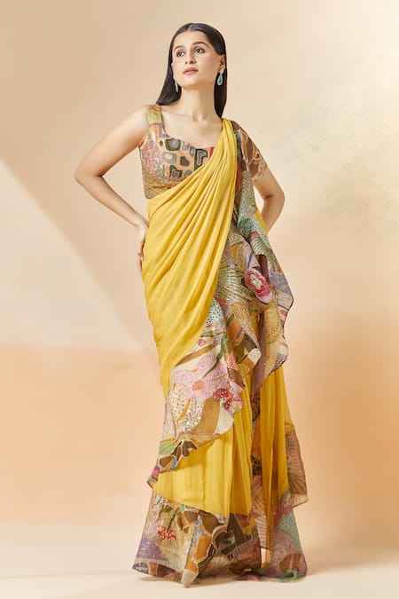 Aisha Rao_Yellow Georgette Embroidery Printed Ruffle Pre-draped Saree With Blouse _at_Aza_Fashions
