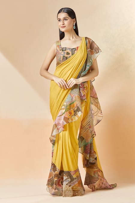 Buy_Aisha Rao_Yellow Georgette Embroidery Printed Ruffle Pre-draped Saree With Blouse 