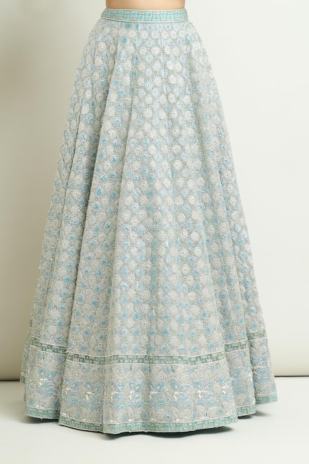 Aisha Rao_Blue Silk Embroidery, Sequins, Zari Sweetheart Neck Floral Lehenga Set _Online_at_Aza_Fashions