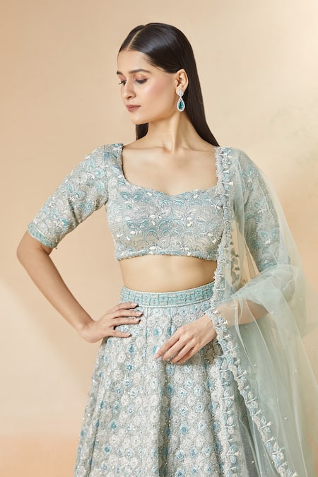 Aisha Rao_Blue Silk Embroidery, Sequins, Zari Sweetheart Neck Floral Lehenga Set _at_Aza_Fashions
