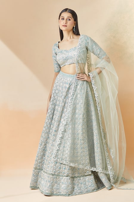 Buy_Aisha Rao_Blue Silk Embroidery, Sequins, Zari Sweetheart Neck Floral Lehenga Set 