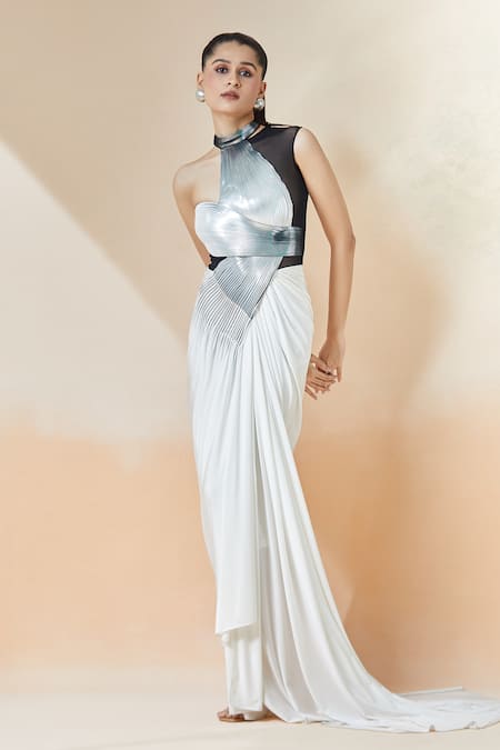 Amit Aggarwal White Chiffon High Neck Pleated Structured Draped Gown Online at Aza Fashions Amit Aggarwal_White Chiffon High Neck Pleated Structured Draped Gown _Online_at_Aza_Fashions