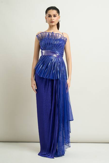 Amit Aggarwal Blue Cut Work Sweetheart Neck Structured Pleated Draped Gown Online at Aza Fashions Amit Aggarwal_Blue Cut Work Sweetheart Neck Structured Pleated Draped Gown _Online_at_Aza_Fashions