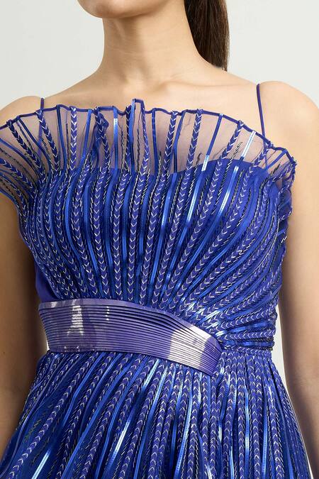 Buy Amit Aggarwal Blue Cut Work Sweetheart Neck Structured Pleated Draped Gown Online at Aza Fashions Buy_Amit Aggarwal_Blue Cut Work Sweetheart Neck Structured Pleated Draped Gown _Online_at_Aza_Fashions