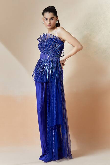 Shop Amit Aggarwal Blue Cut Work Sweetheart Neck Structured Pleated Draped Gown Online at Aza Fashions Shop_Amit Aggarwal_Blue Cut Work Sweetheart Neck Structured Pleated Draped Gown _Online_at_Aza_Fashions