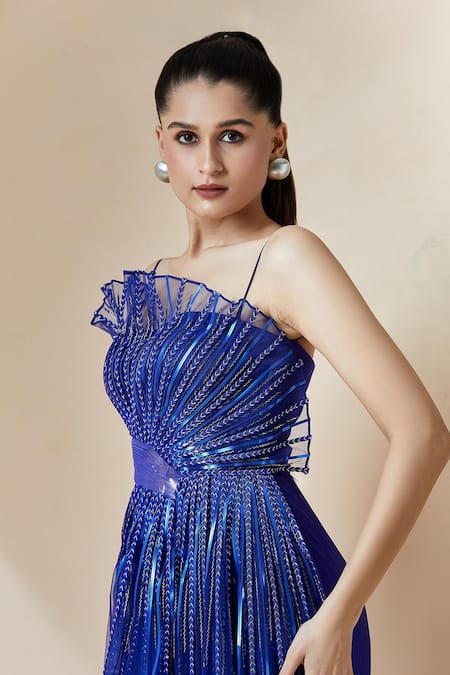 Amit Aggarwal Blue Cut Work Sweetheart Neck Structured Pleated Draped Gown at Aza Fashions Amit Aggarwal_Blue Cut Work Sweetheart Neck Structured Pleated Draped Gown _at_Aza_Fashions