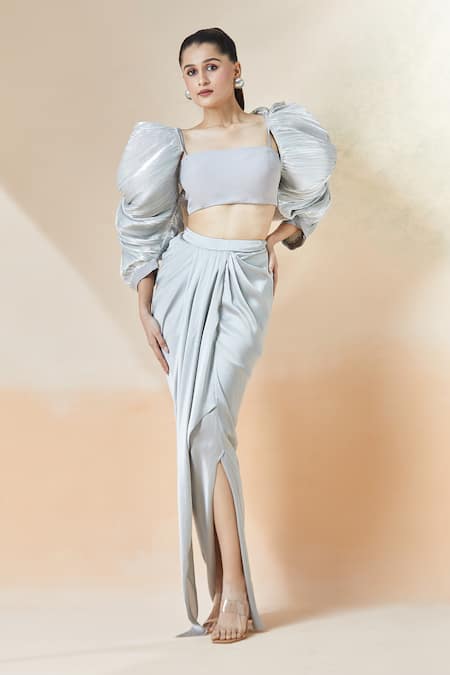 Amit Aggarwal Silver 3d Structures Square Sleeve Blouse And Draped Skirt Set 