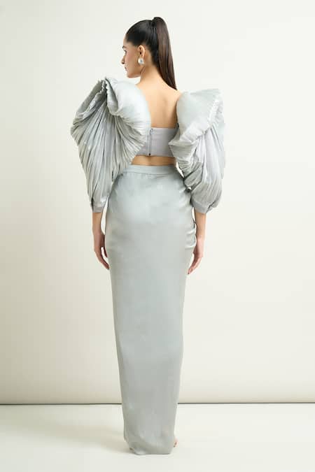 Shop Amit Aggarwal Silver Square Neck Structured Sleeve Blouse And Draped Skirt Set at Aza Fashions Shop_Amit Aggarwal_Silver Square Neck Structured Sleeve Blouse And Draped Skirt Set _at_Aza_Fashions