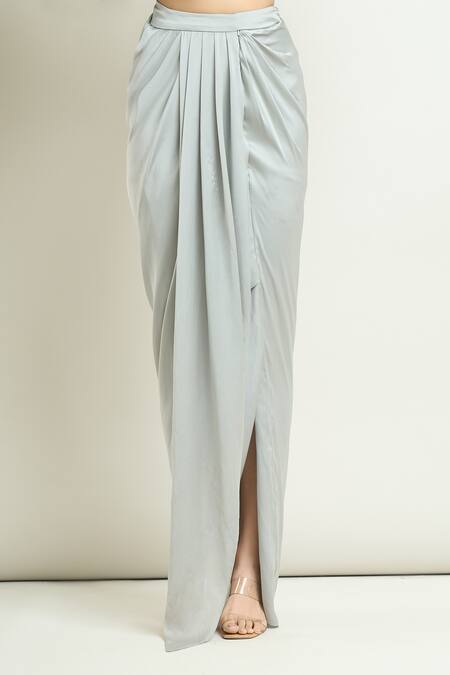 Amit Aggarwal Silver Square Neck Structured Sleeve Blouse And Draped Skirt Set Online at Aza Fashions Amit Aggarwal_Silver Square Neck Structured Sleeve Blouse And Draped Skirt Set _Online_at_Aza_Fashions