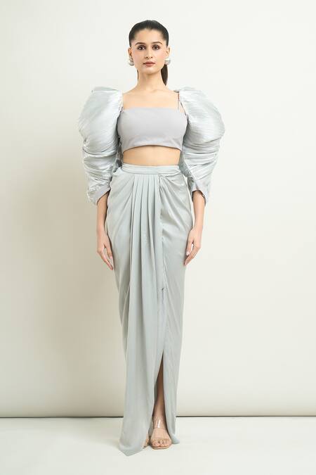 Buy Amit Aggarwal Silver Square Neck Structured Sleeve Blouse And Draped Skirt Set Online at Aza Fashions Buy_Amit Aggarwal_Silver Square Neck Structured Sleeve Blouse And Draped Skirt Set _Online_at_Aza_Fashions
