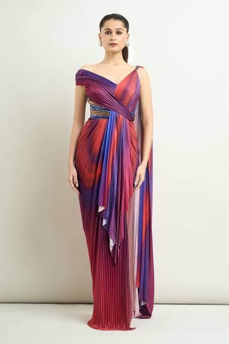 Amit Aggarwal Red Chiffon Embroidery V-neck Ombre Structured Draped Dress Online at Aza Fashions Amit Aggarwal_Red Chiffon Embroidery V-neck Ombre Structured Draped Dress _Online_at_Aza_Fashions