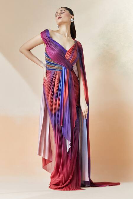 Shop Amit Aggarwal Red Chiffon Embroidery V-neck Ombre Structured Draped Dress Online at Aza Fashions Shop_Amit Aggarwal_Red Chiffon Embroidery V-neck Ombre Structured Draped Dress _Online_at_Aza_Fashions