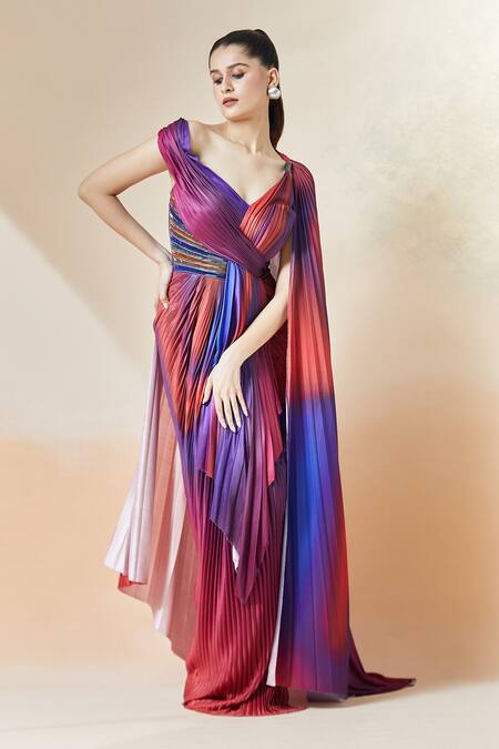 Amit Aggarwal Red Chiffon Embroidery V-neck Ombre Structured Draped Dress at Aza Fashions Amit Aggarwal_Red Chiffon Embroidery V-neck Ombre Structured Draped Dress _at_Aza_Fashions