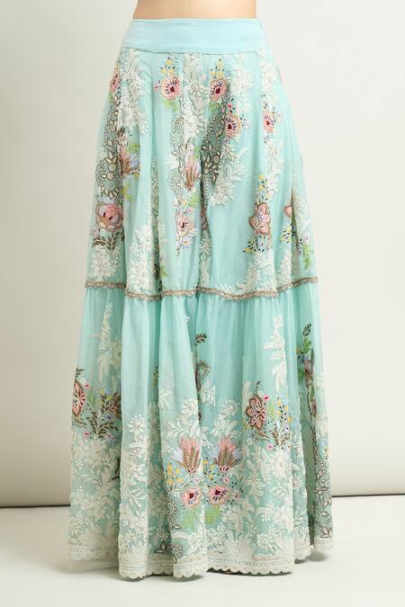 Anamika Khanna Blue Cotton, Chiffon Embroidery Round Neck Floral Kurta Sharara Set Online at Aza Fashions Anamika Khanna_Blue Cotton, Chiffon Embroidery Round Neck Floral Kurta Sharara Set_Online_at_Aza_Fashions