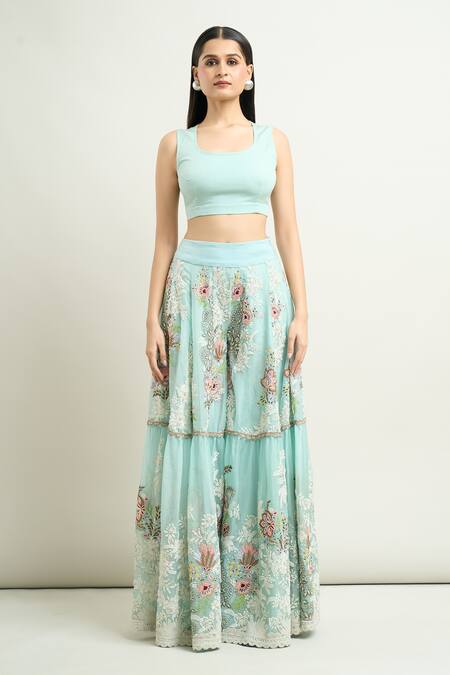 Buy Anamika Khanna Blue Cotton, Chiffon Embroidery Round Neck Floral Kurta Sharara Set Online at Aza Fashions Buy_Anamika Khanna_Blue Cotton, Chiffon Embroidery Round Neck Floral Kurta Sharara Set_Online_at_Aza_Fashions