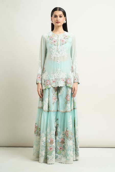 Shop Anamika Khanna Blue Cotton, Chiffon Embroidery Round Neck Floral Kurta Sharara Set Online at Aza Fashions Shop_Anamika Khanna_Blue Cotton, Chiffon Embroidery Round Neck Floral Kurta Sharara Set_Online_at_Aza_Fashions