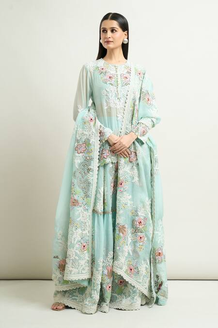 Anamika Khanna Blue Cotton, Chiffon Embroidery Round Neck Floral Kurta Sharara Set at Aza Fashions Anamika Khanna_Blue Cotton, Chiffon Embroidery Round Neck Floral Kurta Sharara Set_at_Aza_Fashions