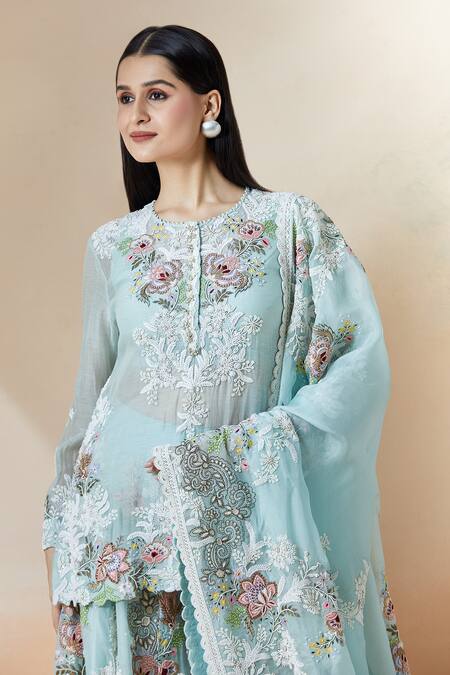Shop Anamika Khanna Blue Cotton, Chiffon Embroidery Round Neck Floral Kurta Sharara Set Shop_Anamika Khanna_Blue Cotton, Chiffon Embroidery Round Neck Floral Kurta Sharara Set