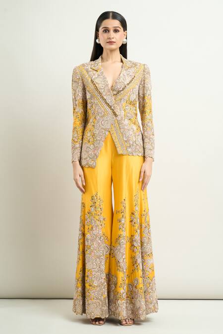 Anamika Khanna_Yellow Silk Zari, Embroidery Zardozi Floral Blazer Sharara Set_Online_at_Aza_Fashions